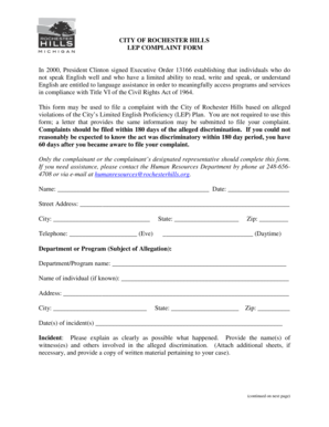 Application for complaint - CITY OF ROCHESTER HILLS LEP COMPLAINT FORM - rochesterhills