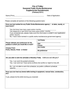 Supplemental Questionnaire Seasonal Public Works