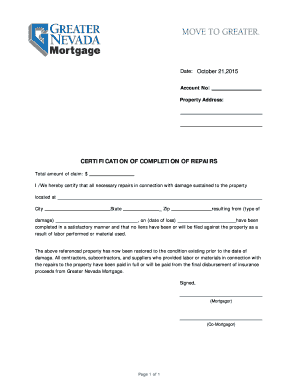 Certification of Completion of Repairs