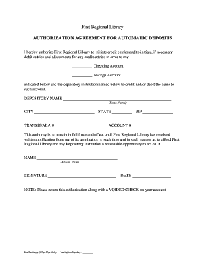 First Regional Library Automatic Deposit Authorization