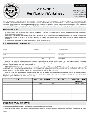 2016-2017 Financial Aid Verification Worksheet