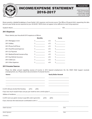 2016-2017 Financial Aid Income Expense Statement