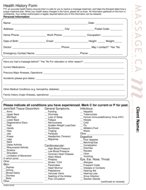 Health History Form for Massage Treatment