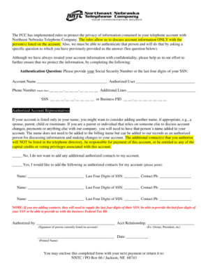 Northeast Nebraska Telephone Company Account Authorization Form