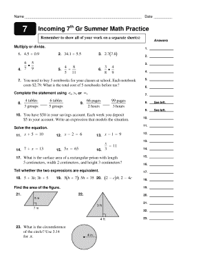 7th Grade Summer Math Practice Worksheet