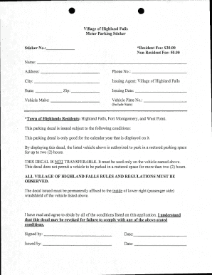 Village of Highland Falls Meter Parking Sticker