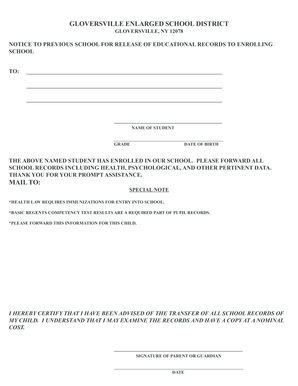 Notice to Previous School for Release of Educational Records