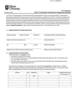 2016-17 Verification Worksheet for Independent Students