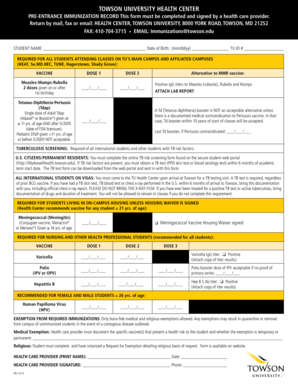 Towson University Pre-Entrance Immunization Record