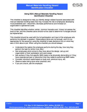 Manual Materials Handling Hazard Identification Checklist