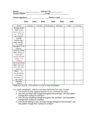 Heart rate chart exercise - Month LOG 1-12 Student Name e-mail Parent signature