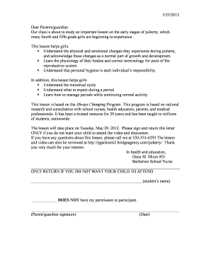 Puberty Education Permission Letter