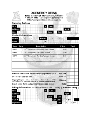 XSENERGY Drink Order Form