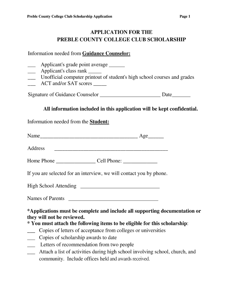 APPLICATION FOR THE PREBLE COUNTY COLLEGE CLUB SCHOLARSHIP - eaton k12 oh Preview on Page 1