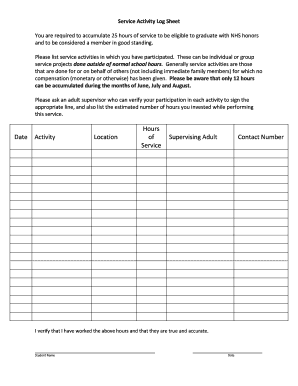 NHS Service Activity Log Sheet