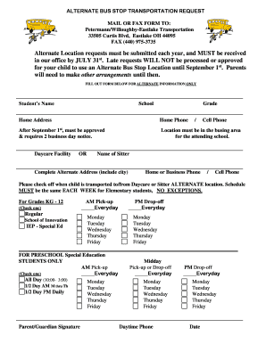 Alternate Bus Stop Transportation Request