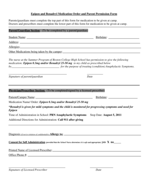 Epipen and Benadryl Medication Order and Parent Permission Form
