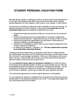 Student Vacation Absence Form
