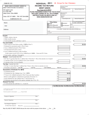 West Union Income Tax Return Form FR 1172