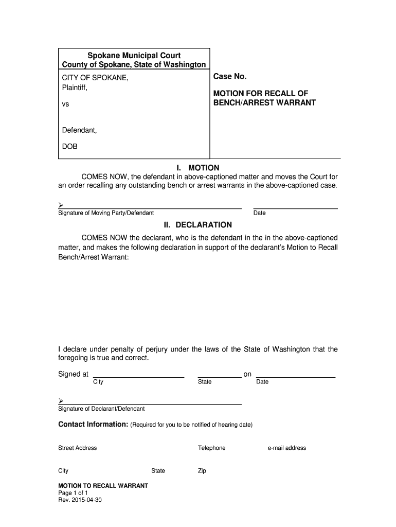 WA Motion To Recall Warrant 2015 2022 Complete Legal Document Online