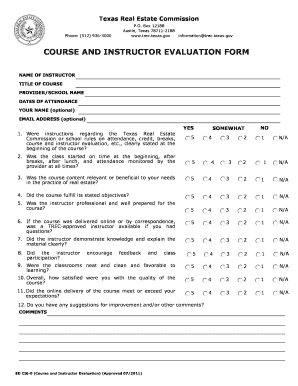Texas Real Estate Course and Instructor Evaluation Form