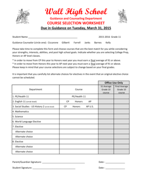 High School Course Selection Worksheet