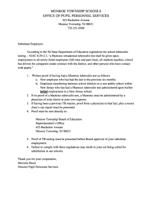NJ Substitute Employee Tuberculosis Testing Form