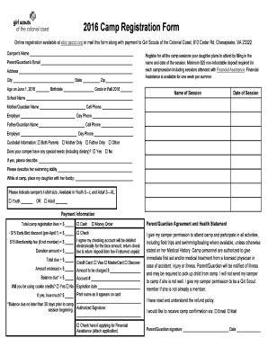 Girl Scouts Camp Registration Form