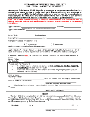 Affidavit for Exemption from Jury Duty