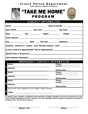 Take Me Home Program Registration Form