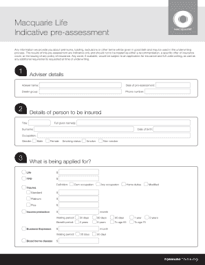 Macquarie Life Indicative Pre-Assessment Form