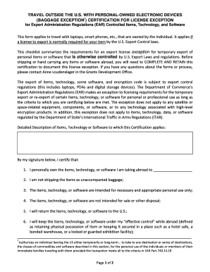 Travel Certification for EAR Controlled Items