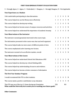First Year Seminar Student Evaluation Form