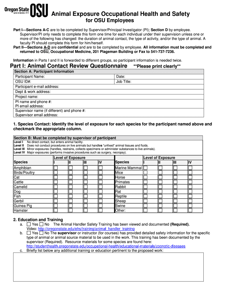 Fillable Online studenthealth oregonstate Animal Handler Occupational