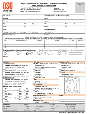 Oregon State University Veterinary Diagnostic Lab Clinical Pathology Submission Form