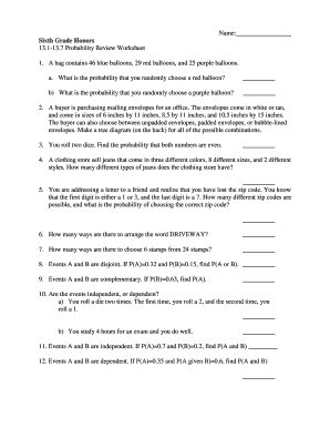 Sixth Grade Probability Review Worksheet