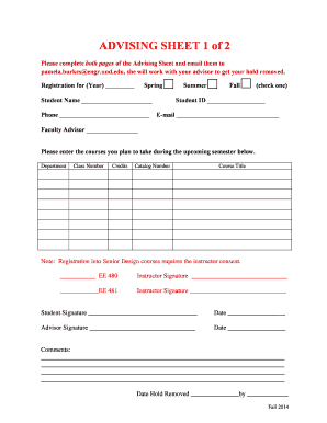 Advising Sheet for Course Registration
