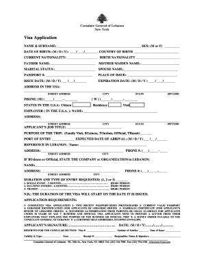 Formulaire de demande de visa du Liban