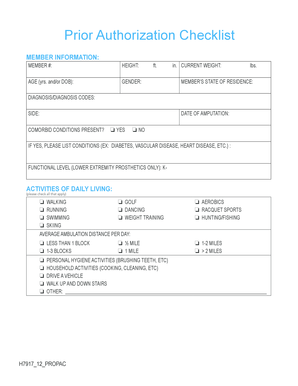Prosthetic Prior Authorization Checklist