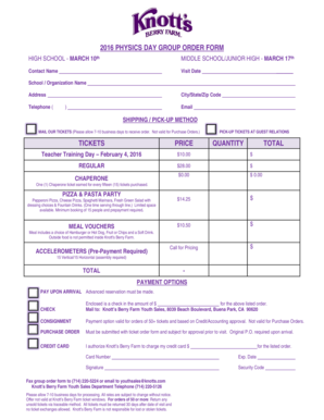 Knott's Berry Farm Physics Day Group Order Form