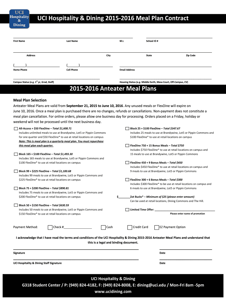 Fillable Online UCI Hospitality Dining Meal Plan Contract Fax Email