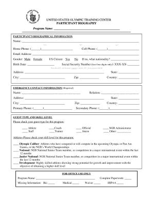 US Olympic Training Center Participant Form