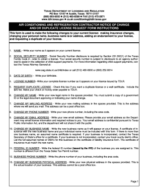 Texas Air Conditioning and Refrigeration Contractor License Change Form