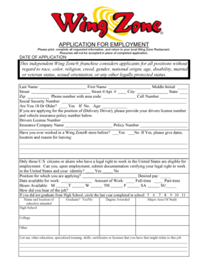 Wing Zone Employment Application Form