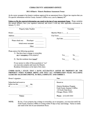 2012 Historic Residence Assessment Freeze Affidavit