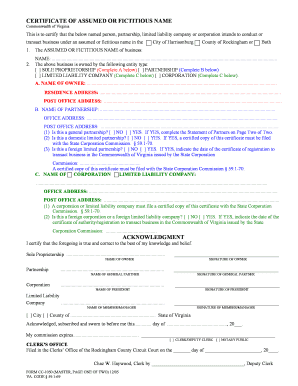 Virginia Assumed or Fictitious Name Certificate