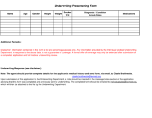 Underwriting Prescreening Form