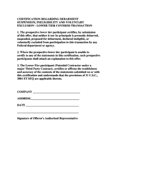 Certification Regarding Debarment Suspension