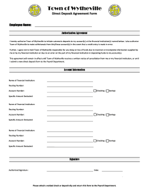 Town of Wytheville Direct Deposit Agreement Form