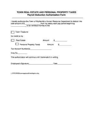 Town Real Estate and Personal Property Taxes Payroll Deduction Authorization